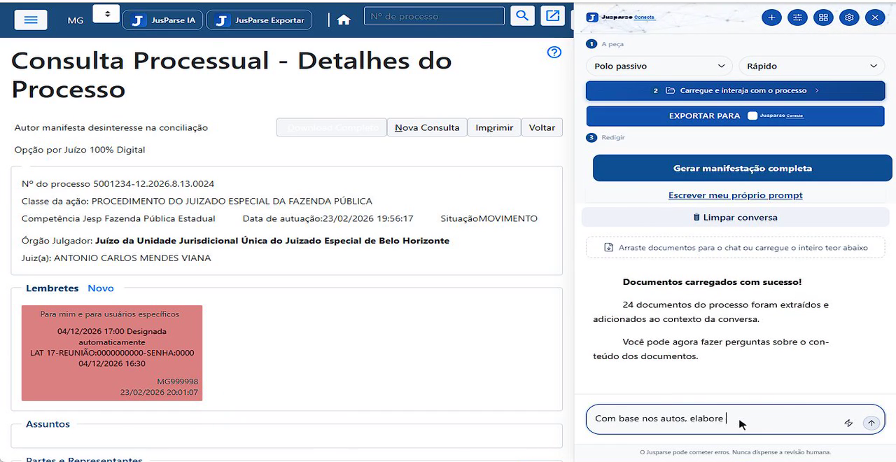 Painel do JusParse confirmando os documentos carregados: 24 documentos do processo extraídos e adicionados ao contexto da conversa.
