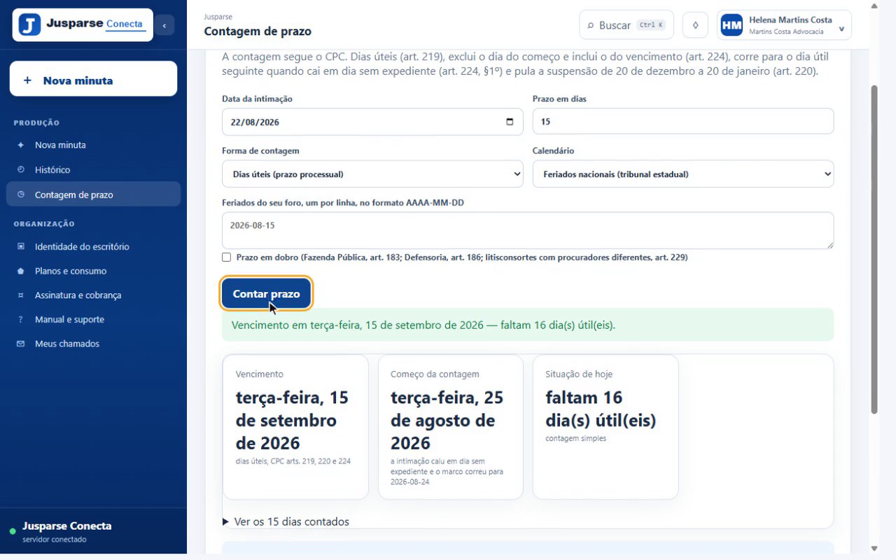 Tela de contagem de prazo do JusParse com a data da intimação, o prazo em dias úteis e o vencimento calculado na tela.
