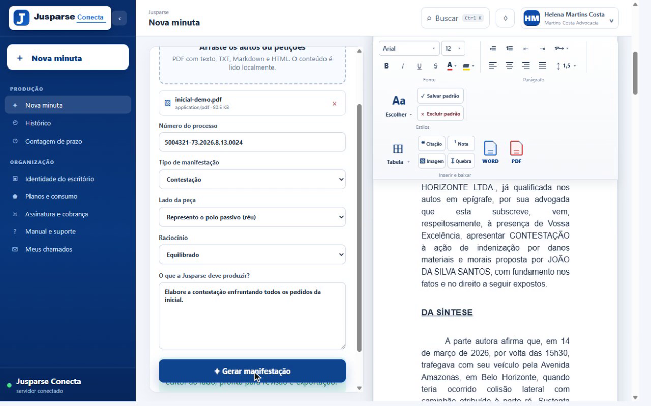 Espaço de Minutas do JusParse com o formulário da peça à esquerda e a minuta no editor à direita, pronta para revisão.